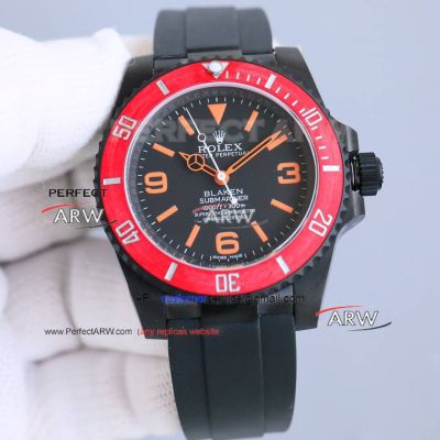 Swiss Replica Blaken Rolex Submariner All Black Red Bezel Orange Arabic 3135 Watch